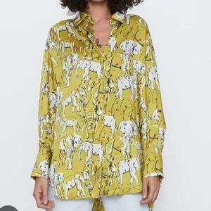 Zara Yellow Oversized Elephant Print Button-Down Shirt